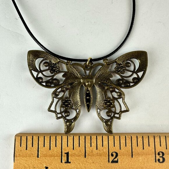 Butterfly Pendant Necklace Teal Enamel Rhinestone Accents & Adjustable Cord - Picture 2 of 2